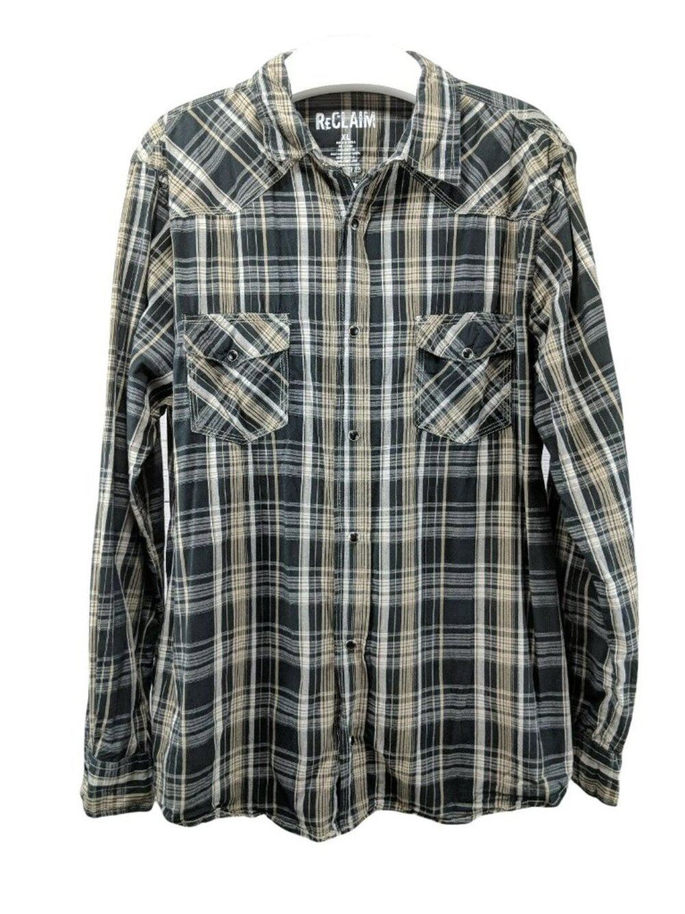 Reclaim Button Front Casual Snap Shirt Men's Size XL Black/Brown Plaid